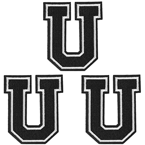 TACVEL 3 Pieces Iron on Letter Patch, Full Embroidery Letter Patch, Iron Alphabet Letter A-Z Iron on Sew on Patches for Clothes, Dress, Hat, Socks, Jeans, DIY Accessories, 3.14inch (Black, U)