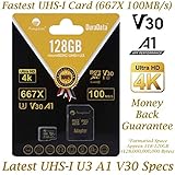 Amplim 128GB Micro SD SDXC V30 A1 Memory Card Plus Adapter Pack (Class 10 U3 UHS-I MicroSD XC Extreme Pro) 128 GB Ultra High Speed 667X 100MB/s UHS-1 TF MicroSDXC 4K Flash - Cell Phone, Drone, Camera