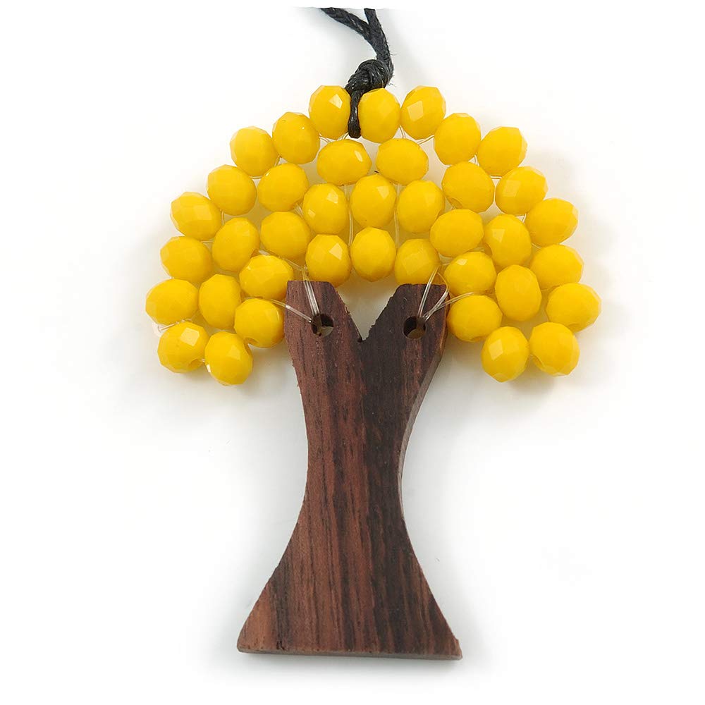 Avalaya Bright Yellow Glass Bead/Brown Wood Tree Of Life Pendant with Black Cotton Cord - 76cm L