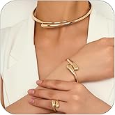 3 Pcs Chunky Gold Statement Jewelry Set for Women Bold Golden/Silver Choker Necklace Bracelet Ring Set Minimalist Open Adjustable Geometric Collar Necklace Fashion Jewelry Accessories for Women