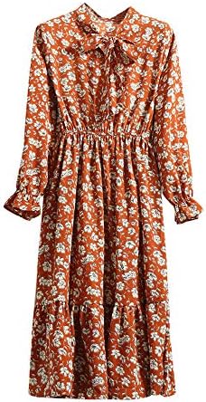 Lowprofile Chiffon Dress with Bow Tie Women Loose Bell Sleeve Lightwight Vintage Boho Midi Dress