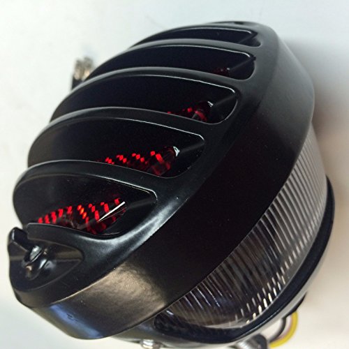 HTT Group Motorcycle Black Custom Motorcycle Grille Ribbed Round LED Tail Brake Light Red Lens For Integrated License Plate Lamp Fit Bobber Chopper Cruiser Street Bike