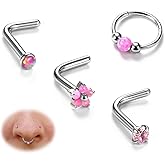 BodyBonita Opal Nose Rings for Women - 316L Surgical Steel Nose Hoops Piercing 20G 18G 16G Septum Rings L Shaped Nose Studs Jewelry Cartilage Conch Daith Helix Tragus Earrings 8/9/10mm 4Pcs 4Pcs