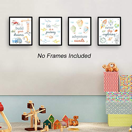 CHDITB Cartoon Car Art Print,Inspirational Phrases Quotes Art Print, Construction Vehicle Airplane Canvas Poster,Set of 4ï¼ˆ8" x10" ï¼‰ Outer Space Paintingï¼ŒBalloon Artworks for Boys Room Playroom Decor