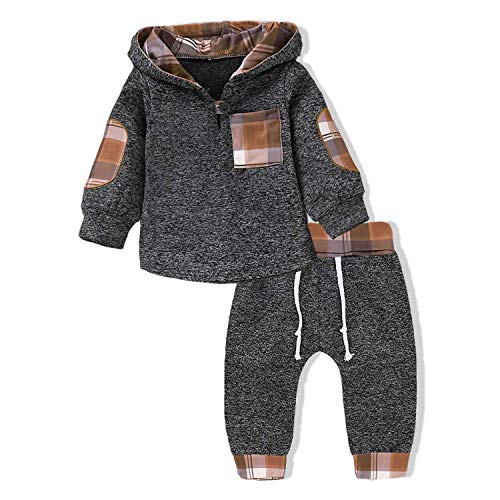 GObabyGO Infant Toddler Boys Girls Sweatshirt Set Winter Fall Clothes Outfit 0-3 Years Old,Baby Plaid Hooded Tops Pants (Khaki Plaid, 2-3 Years) - Thumbnail 7