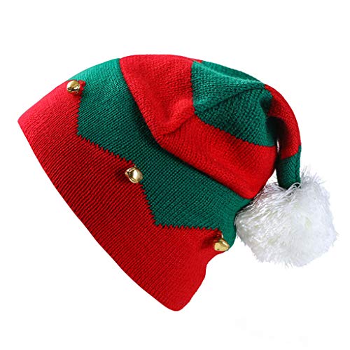 Kid Christmas Beanie Knit Hat,Crytech Soft Slouchy Winter Pom Pom Knitted Striped Santa Snow Skull Ski Cap with Bell and Scarf Set 2 Pcs for 1-6 Year Baby Infant Toddler Party Accessory (Red)