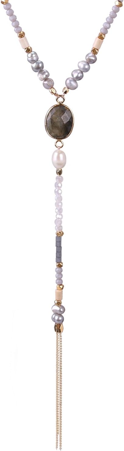 18K Y Chain Crystal Pearl Tassel Necklace with Natural Semi-Precious Stone Pendant