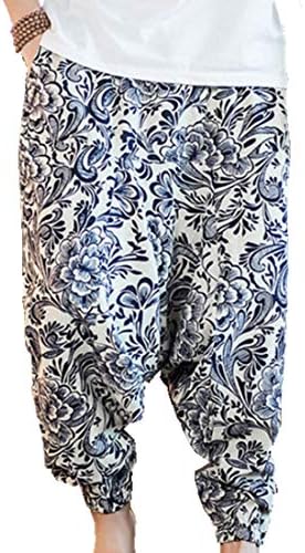 Hzcx Fashion Men's Vintage Cotton Blends Linen Drop Crotch Jogging Harem Pants