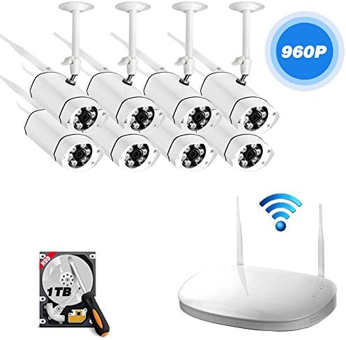 Ipccam 8PCs 960P Outdoor Bullet Camera with 8CH 1080P Output WiFi Wireless Security CCTV Surveillance System Network Video Recorder NVR Kit 25M Infrared Radiation IR Night Vision 1TB Hard Drive White