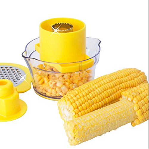 Ultra-Sharp Stainless Steel Corn Thresher 2 in 1 Corn Peelers Easy-clean Corn Stripper with Safe Pusher + Two Way Grater + Container with Measuring Multi-function Kitchen Gadget (Yellow)