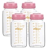 Matyz Glass Breastmilk Storage Containers, 4 Pack, 8 oz Bottle, Fit with Spectra Medela Philips Avent Pump - Wide Mouth Breastmilk Collection and Storage Bottle with Lids - No BPA (Pink Lids)