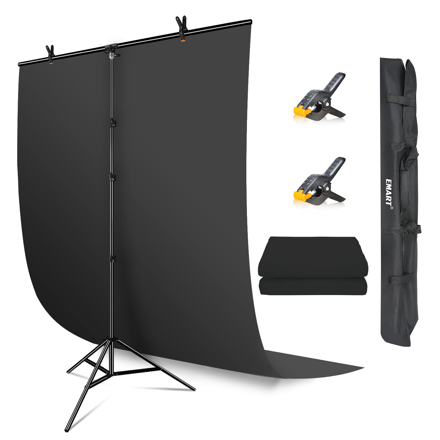 EMART Black Backdrop with Stand, 1.5 x 2m(5x7ft) Blackscreen with 1.5x 2.6m(5x 8.5ft) T-Shaped Background Support Kit for Photoshoot Portraits Party Video Studio Fliming — image 1