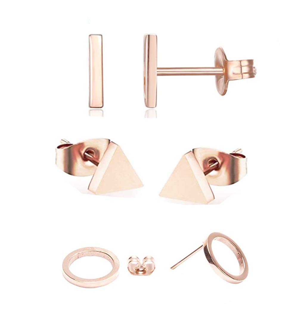 baobei womens earrings jewellery sets 3 pairs 14k rose gold Plated stainless steel triangle circle stud earrings for women men Girls boy Nickel Free with jewellery box