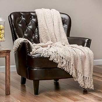 Chanasya Fuzzy Textured Shiny Thread Soft Fluffy Throw Blanket Warm Cozy Plush Luxurious Blanket for Sofa Chair Couch Bed Living Room with Fringed Tassels Beige Throw Blanket (50x65 Inches) Cream