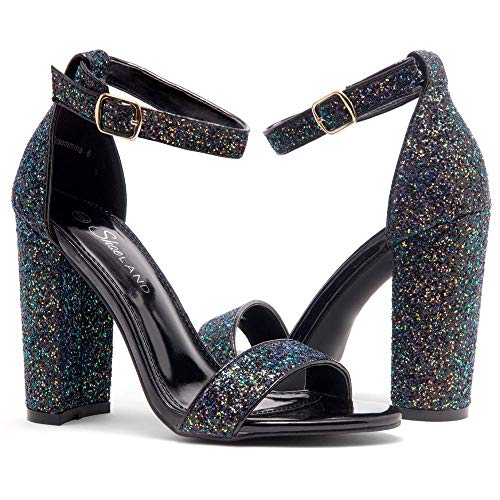 Herstyle Rosemmina Womens Open Toe Ankle Strap Chunky Block High Heel Dress Party Pump Sandals BlackGlitter 6.0