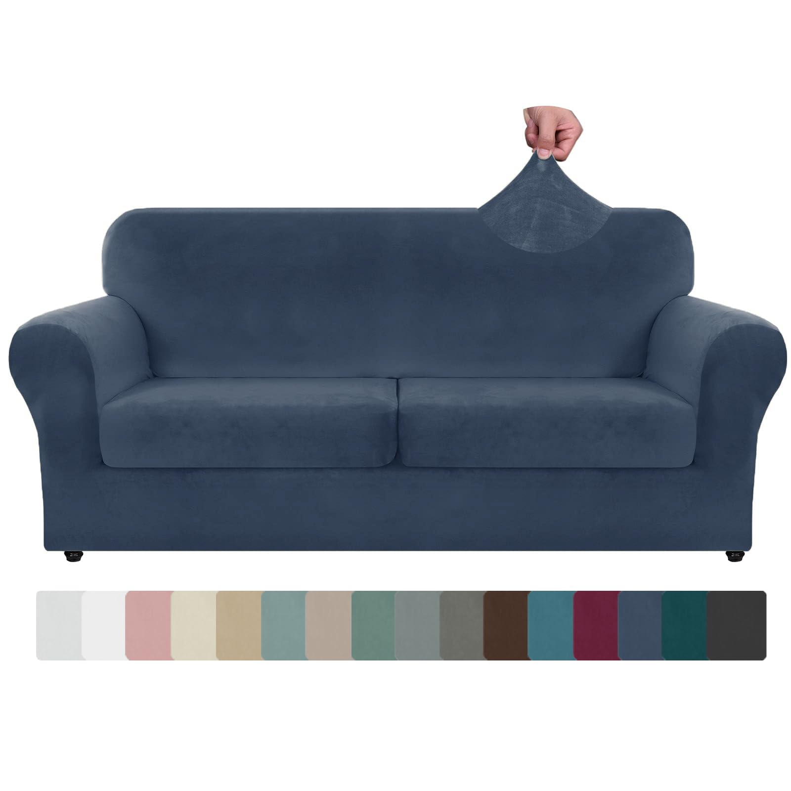Photo 1 of ZNSAYOTX Oversized Velvet 3 Piece Couch Cover with 2 Extra Large Seat Cushion Covers Stretch Sofa Cover for 2 Cushion Couch Thick Loveseat Sofa Slipcover for Living Room (Navy), 72"-92"(2 Cushions)