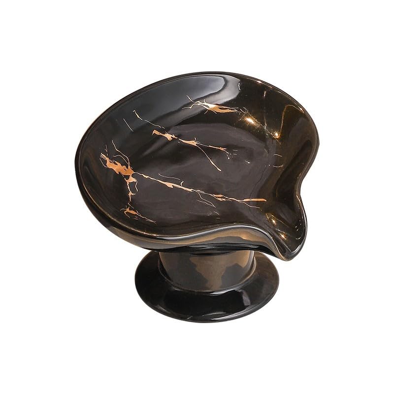 Leaf-Shaped Ceramic Soap Dish - Gold Marble Pattern, Easy Cleaning Self Draining Soap Holder, Keeps Soap Dry on Bathroom Sink or Kitchen Counter Top (Black)