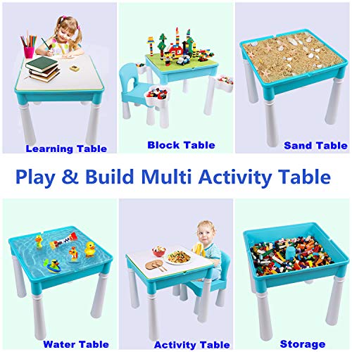 burgkidz Kids 5-in-1 Multi Activity Table Set - 500 Pieces Building Blocks Compatible Bricks Toy, Play Table Includes 1 Chair and Building Block Table with Storage, Green Baseplate Board/Blue Color - Thumbnail 3