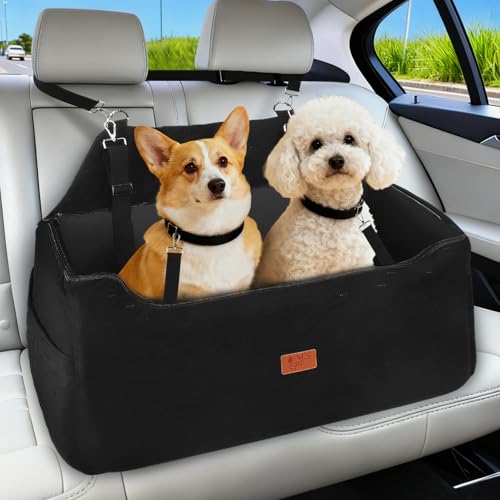 Car Seat for Dogs, 78 x 55 x 53 cm, Removable and Washable Booster Seat for Medium and Large Dogs, Lead Included, Dog Seat for Heavy Cars (Black with Waterproof Leather Coating)