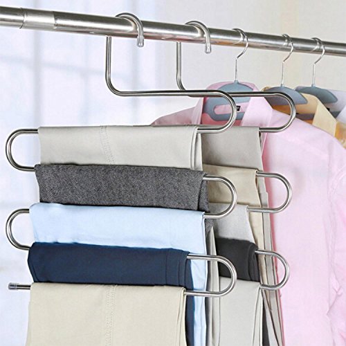 DS Pants Hangers S-Shape Trousers Hangers Stainless Steel Clothes Hangers Closet Space Saving Organizer for Pants Jeans Scarf Hanging Silver (4 Pack with 10 Clips) - Thumbnail 4