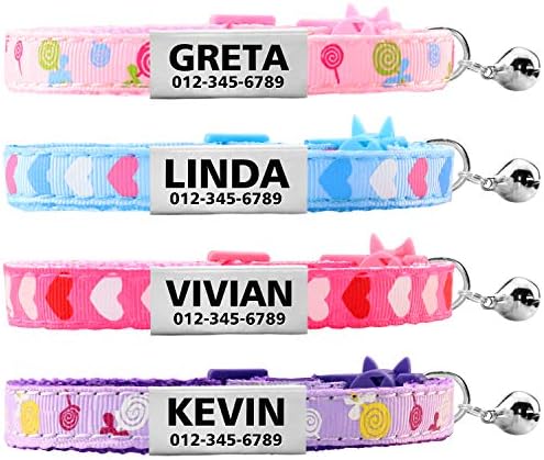 Vcalabashor Custom Cat Collars with Jingle Bell/Stainless Steel No Noise Slide-On Tags On Collar/3 Lines Personalized Text