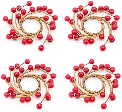 GiveU Berry Candle Rings for Taper Candle Holder, - Red Small Wreaths for Candle Sticks,Wedding Centerpiece or Christmas Table Decoration, Fits 3/4 Inch Diameter Candles - Set of 4