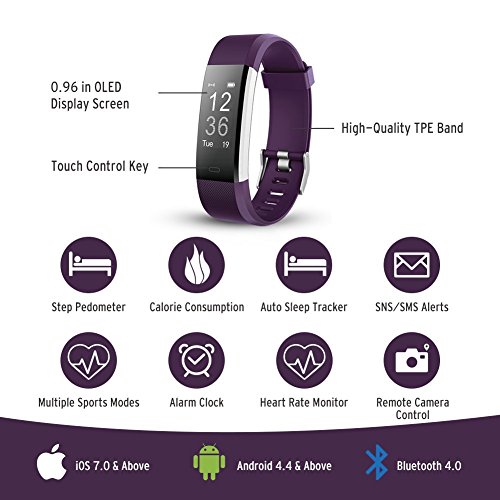 Fitness Tracker, NOVETE Bluetooth 4.0 Heart Rate Monitor Bracelet, IP67 Waterproof, Touch Screen, Smart Wristband, Pedometer Sports Activity Tracker Smart Watch for Android and IOS Smartphone (Purple)