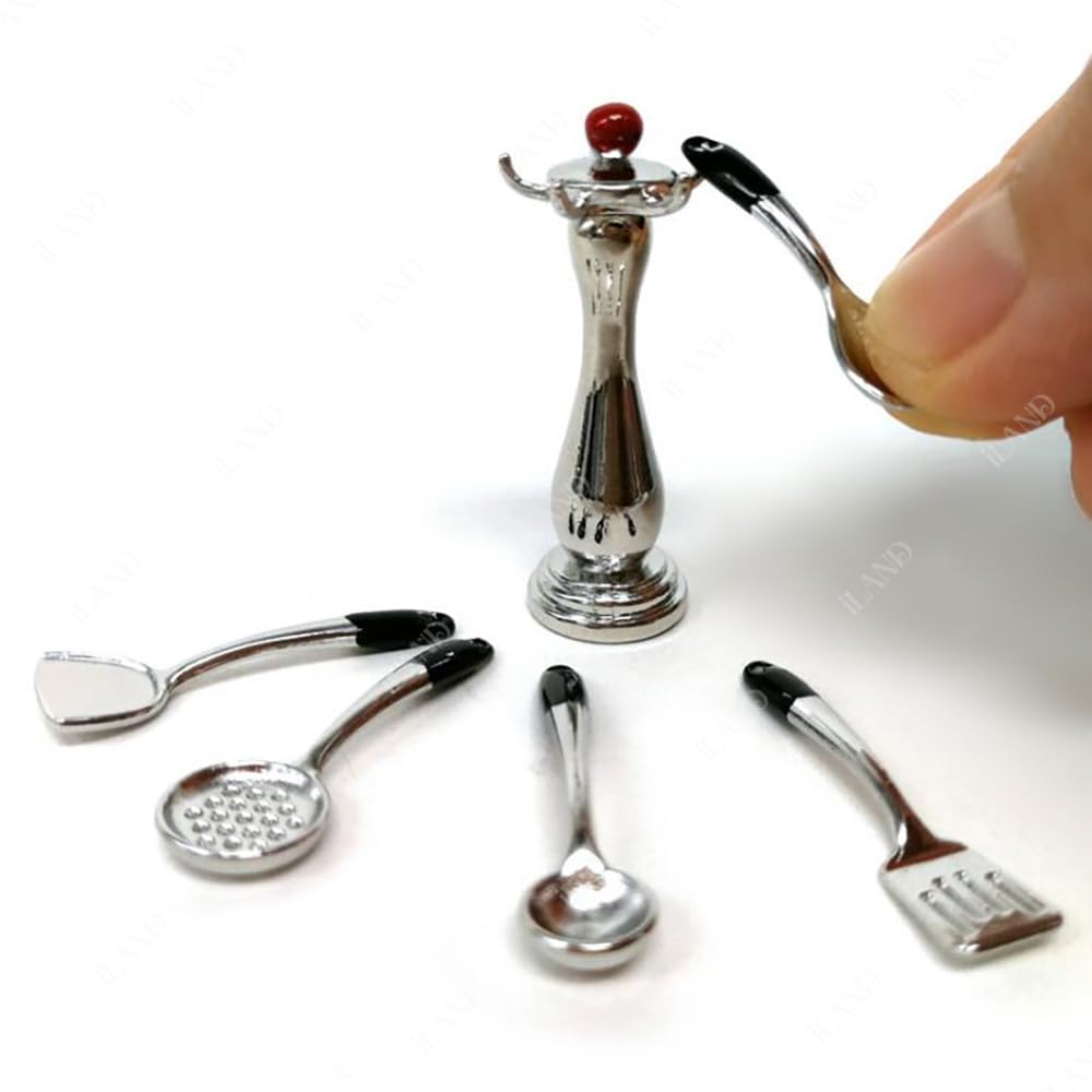 iLAND 1/12 Scale Accessories of Dollhouse Kitchen, Dollhouse Miniatures Cooking Set, Mini Metal Pots & Pans & Turners w/Stand