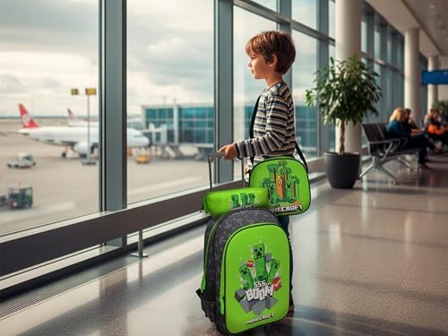 Carrinho Funcional, Escola, Viagens, 3 Pcs, Lancheira, Mala, Cor Verde, Produto Oficial, Minecraft
