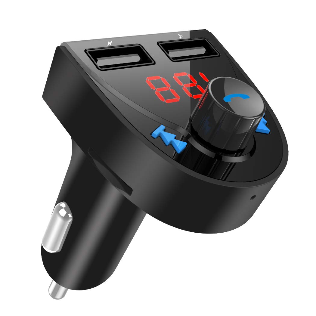 Blufree FM Transmitter, Bluetooth Car Transmitter Wireless In-Car Radio Adapter Hands-free Call Car Kit with Dual USB Charger Port, Support Bluetooth/TF Card/U-Disk Music Play, Car Voltage Detection