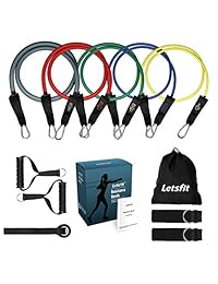 Letsfit bandas de resistencia, bandas de entrenamiento, tubos de entrenamiento de 5 colores con asas de bolsa de pesca, correas de tobillo, anclaje de puerta, para entrenamiento de resistencia, terapia física, entrenamiento de fuerza, crossfit, pilates fl