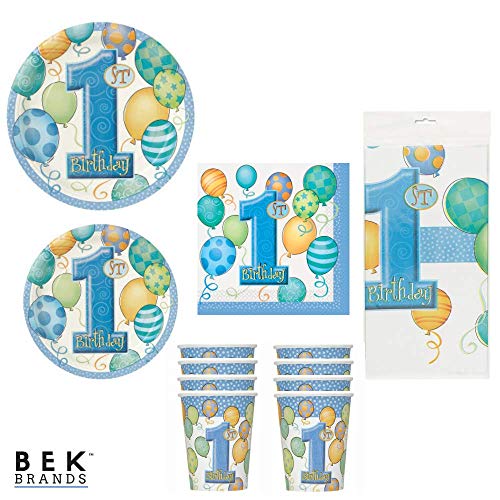 Bek Brands Blue Balloons Boy's First Birthday Party Tableware Plates, Napkins, Cups, and Tablecover - 41 pcs!
