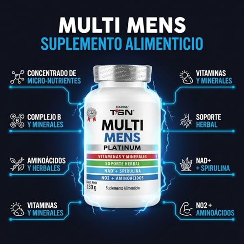 24 Vitaminas y Minerales para Hombres, con Precursor de Óxido Nítrico, Arginina y Citrulina + Soporte Herbal Fenogreco, SHILAJIT, Maca y NAD+ | Multi Mens | TSN Testrol 200 Cápsulas