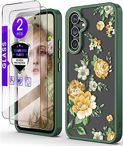 DagoRoo for Samsung Galaxy A54 5G Case with Tempered Glass Screen Protector [2 Pack],[Military Grade Protective] Slim Soft TPU & Hard PC,Girls Women Crystal Clear Flower Pattern Cases (Alpine Green)