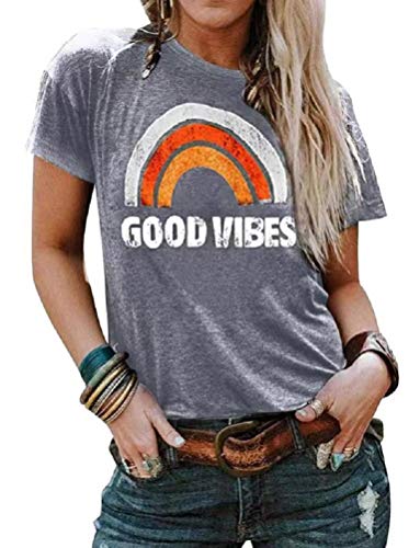 Vaise Women Good Vibes Tank Tops Long Sleeve and Sleeveless Loose Graphic Tank Tops Casual Summer Rainbow Good Vibes Shirt (S, W-Lightgrey)