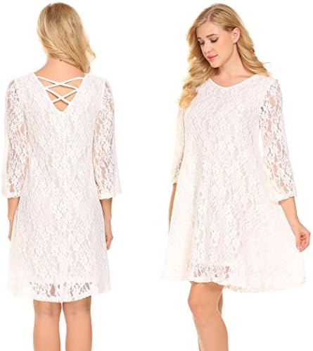 Hersife Women's Scoop-Neck Floral Three-Quarter-Sleeve Short Fit-and-Flare Dress, White, XX-Large