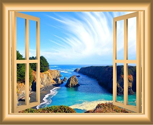 Ocean Window 3D Wall Decal Seaside Decor Peel and Stick Mural VWAQ-NW33 (28" H X 36" W)