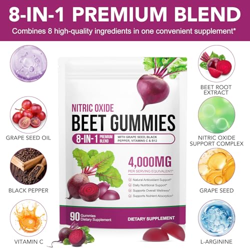 Beetroot Gummies, 90 Gummies 20:1 High-Concentration Beetroot Extract Supplement with Vitamin C, B12, Grape Seed Extract & Black Pepper, Boost Energy Levels, Supports Immune & Heart Health