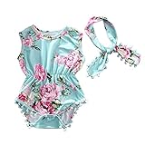 Baby Girls' Cotton Floral Pom Pom Romper Summer Jumpsuit with Headband (90(12-18M), Green)
