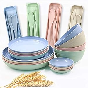 20 Pieces Wheat Straw Dinnerware Sets, Lightweight Plates Bowls Spoon and Fork Set, Unbreakable Tableware Set for Picnic Party BBQ Wedding Camping (B6)