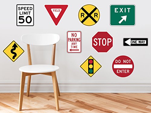 Street Signs Fabric Wall Decals with Stop Sign, Yield, One Way, Exit, Railroad and More, Repositionable and Reusable