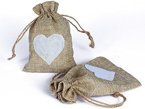 SruixSyruix 50pcs/pack Brulap Candy Gift Pouch Bags with String Birthday Wedding Party Gift Jewlery Pouches Party Favor Jute Gift Bags Brown with White Heart