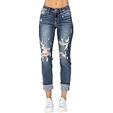 Judy Blue Women's Mid-Rise Cuffed Destroy Boyfriend Jeans