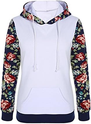Orcworld Women's Floral Printed Long Sleeve Pocket Pullover Hoodies White-XL