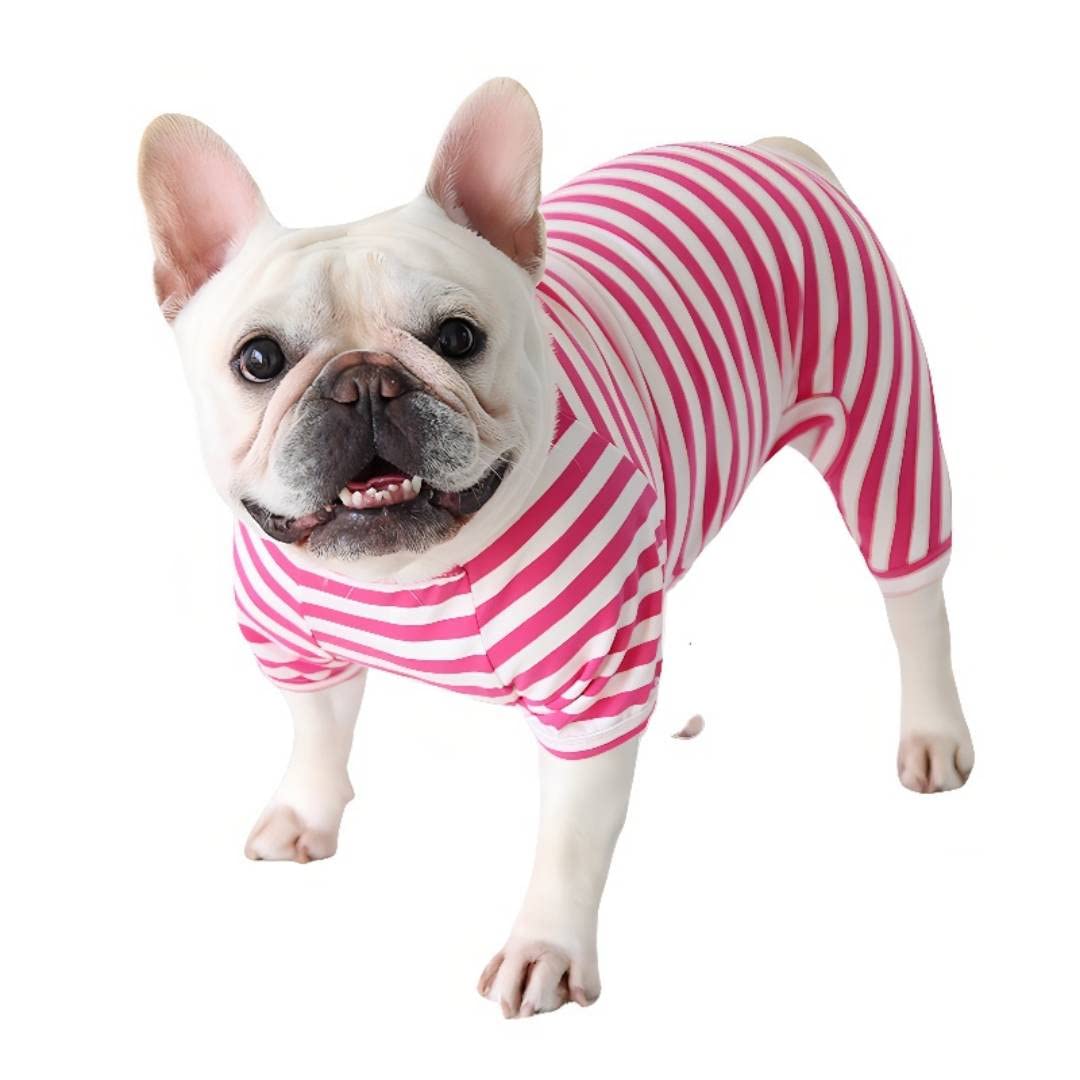 BT Bear Fat Dog Clothes,Dog Classic Striped Pajamas Soft Cotton Jumpsuit Pug French Bulldog Onesies Costume for Cats Puppy Small Medium Dogs(Pink,L)