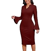 Church Dresses for Women Flare Sleeve V Neck Business Wear to Work Vintage Mid Pencil Formal Dress with Pocket