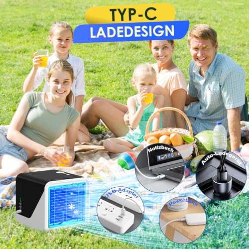 Portable Air Conditioner, 3 in 1 Tubeless Air Cooler, USB Quiet Fan with Water 500ml, 3 Speeds, 7 Colors Light, Small Evaporative Air Conditioner for Bedroom and Office
