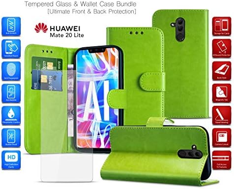 MobiBax Tempered Glass Screen Protector and Wallet Phone Case for Huawei Nova 3i (2018) INE-LX2 - Fingerprint Sensor Scanner, Card Slots and Magnetic Closure Tab Features in GREEN