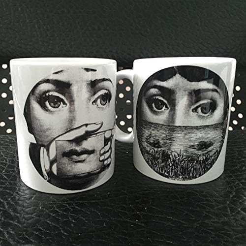 ZAMTAC Fornasetti Design Coffee Mug Ceramic Black and White Linacavalieir face Mugs Breakfast Coffee and Milk Mug with Fashion Design - (Color: Two pcs)