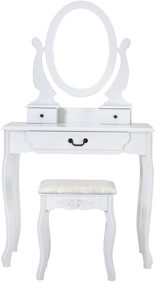 White Modern Dressing Table with 3 Drawers and Oval Mirror Stool Makeup Vanity Dresser Set Girls Bedroom